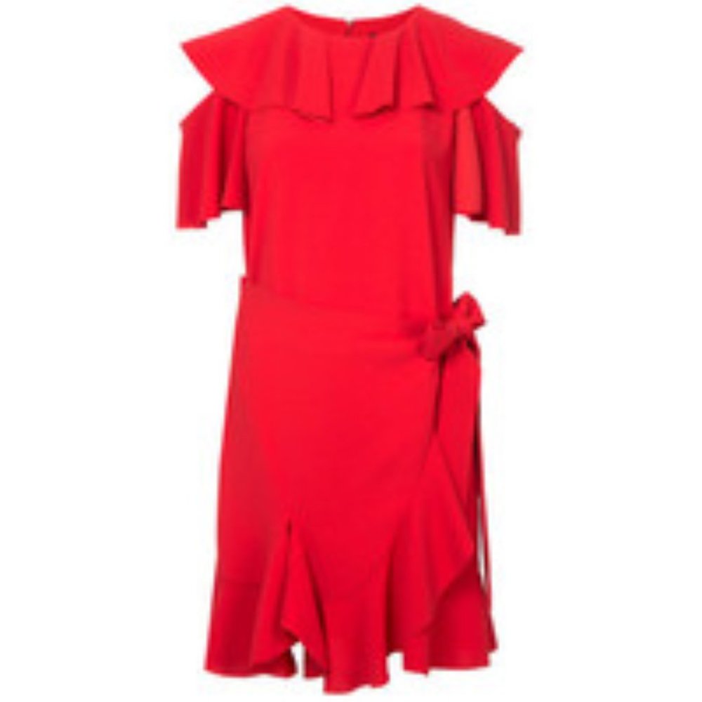 Goen.J Red Ruffle Cold Shoulder Wrap Dress 4 NWT
